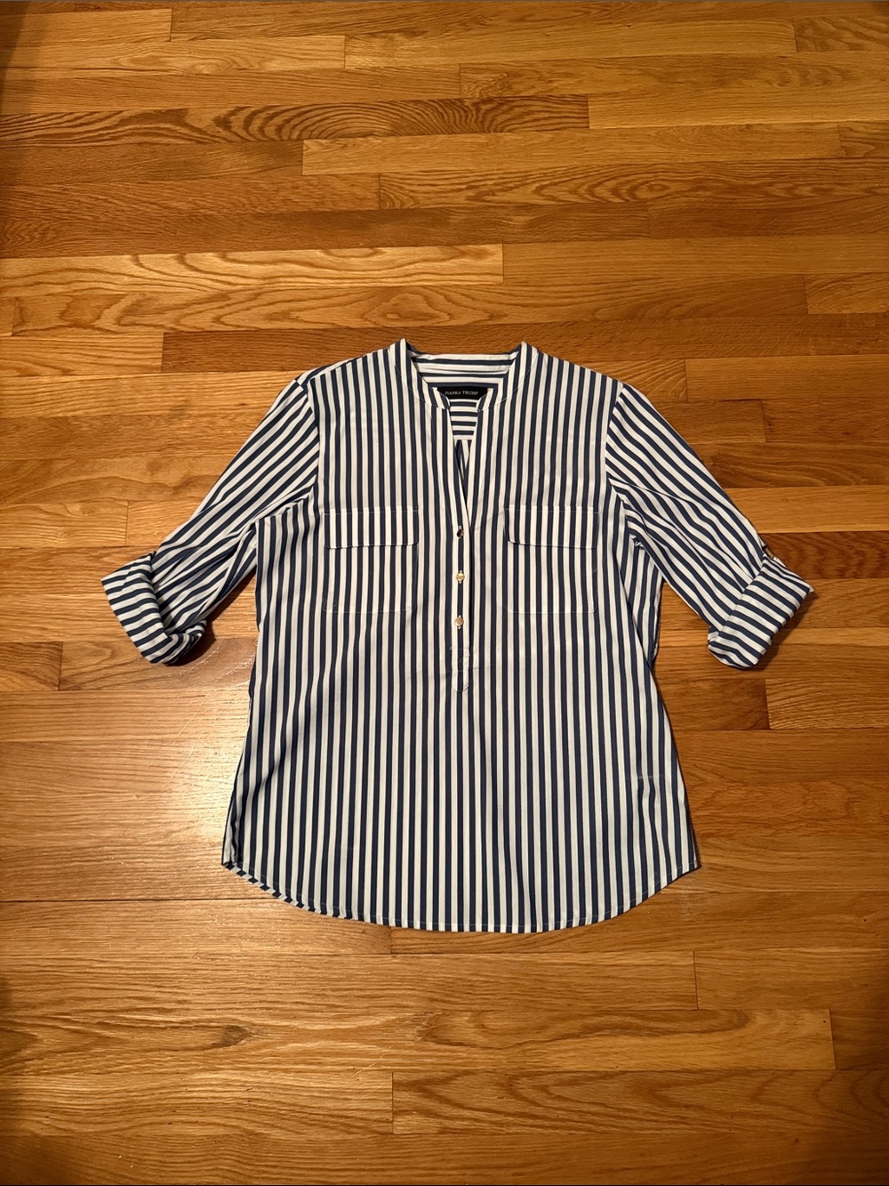 Ivanka Trump Navy and White Vertical Stripe Button-Down Shirt